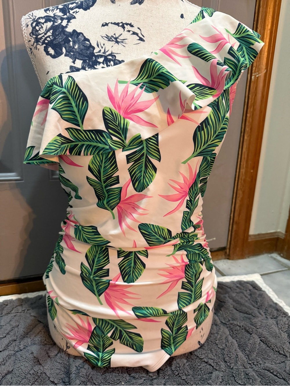 Tropical One-Shoulder Ruffle Swimsuit - Pink & Green